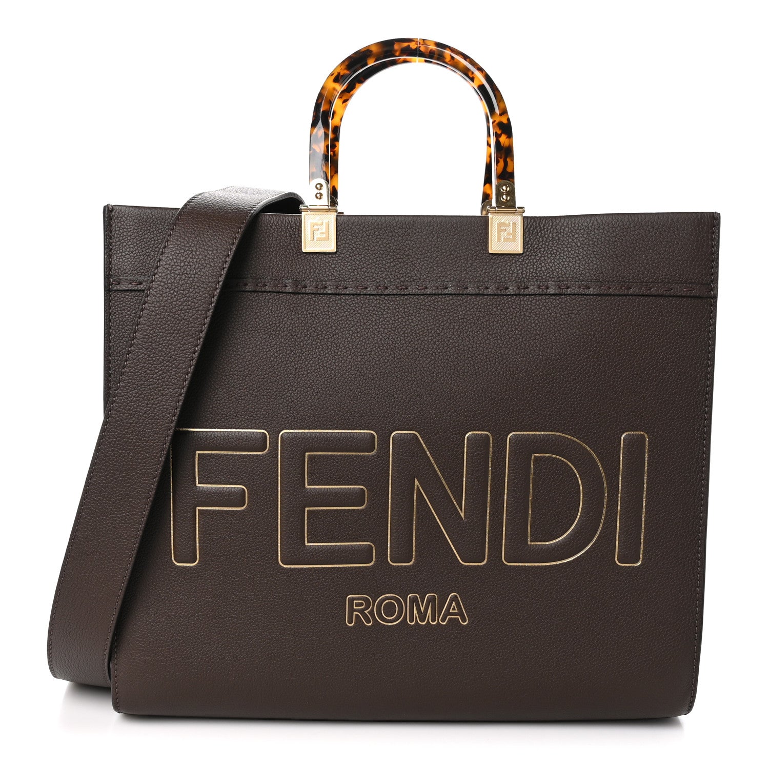 Fendi Vitello Cher Plexiglass Logo Debossed Medium Fendi Sunshine Shopper Tote Gianduia Gold 1 of 10