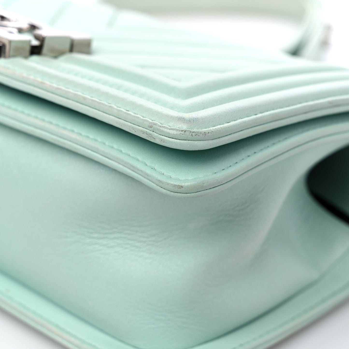 Iridescent Lambskin Chevron Quilted Small Boy Flap Turquoise
