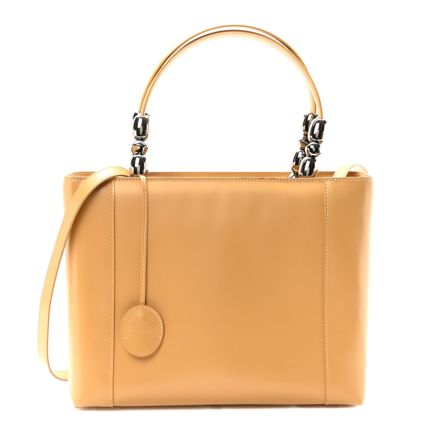 Patent Chrome Beaded Malice Tote Beige