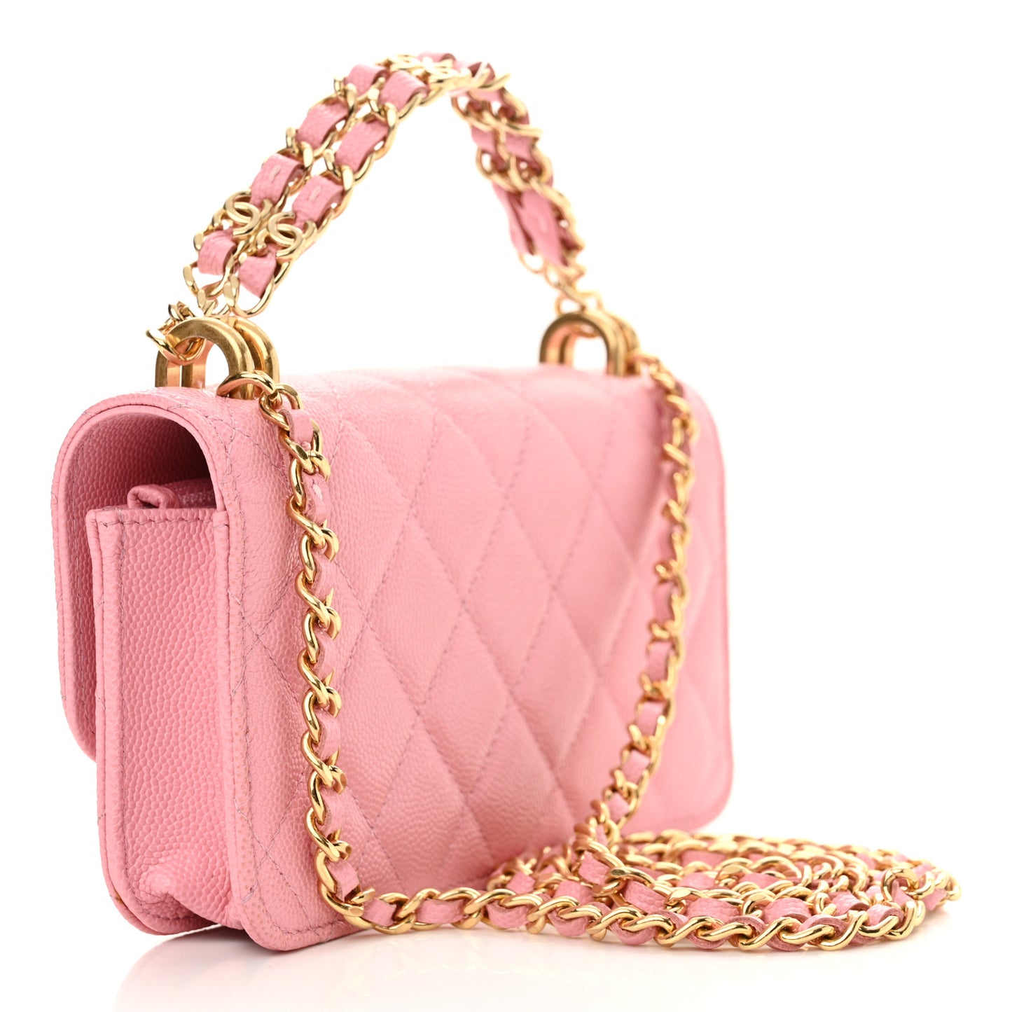 Caviar Quilted Flap Phone Holder With Chain Light Pink