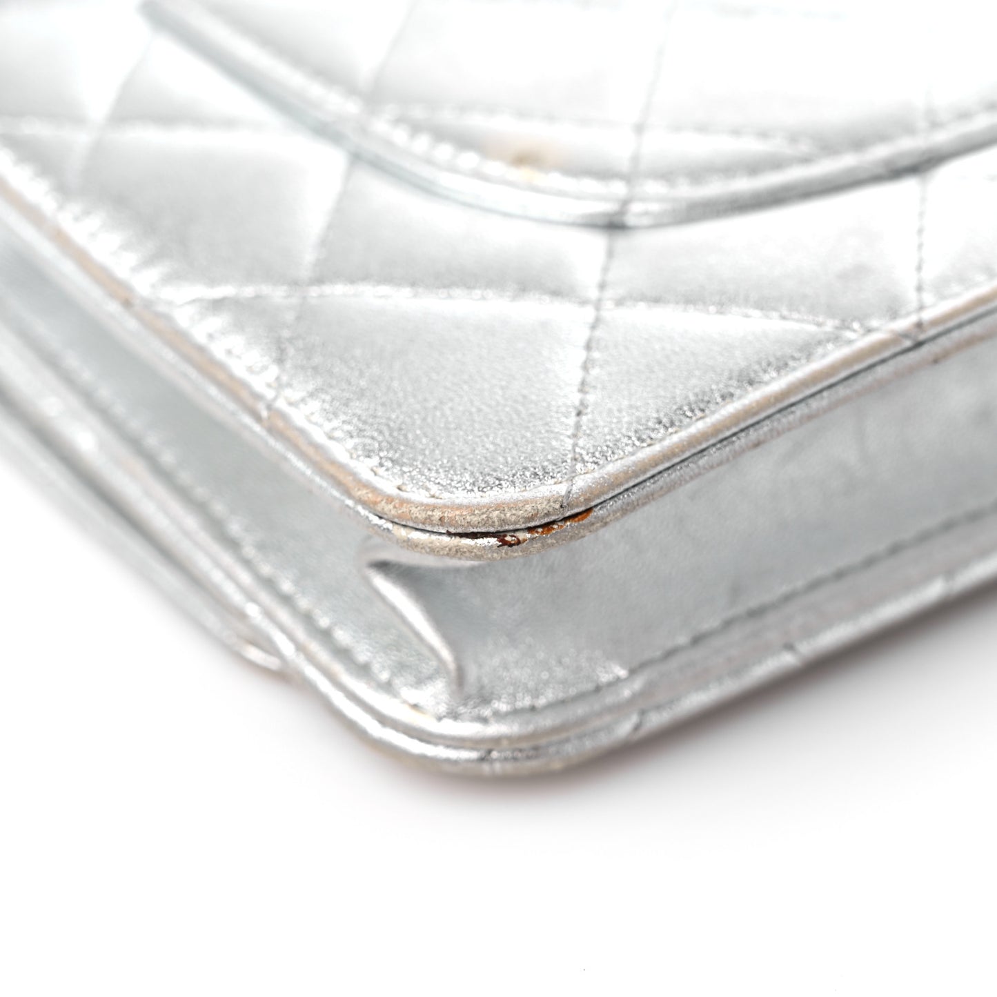 Metallic Lambskin Quilted Wallet On Chain WOC Silver