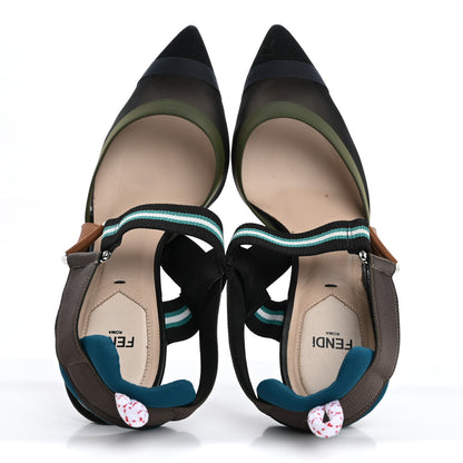 Fendi Technical Mesh Colibri 85mm Slingback Pumps 38 Black Verde Military 2 of 13