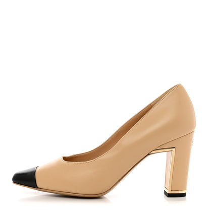 Chanel Lambskin Cap Toe Metal Heel Pumps 37.5 Beige Black 1 of 9