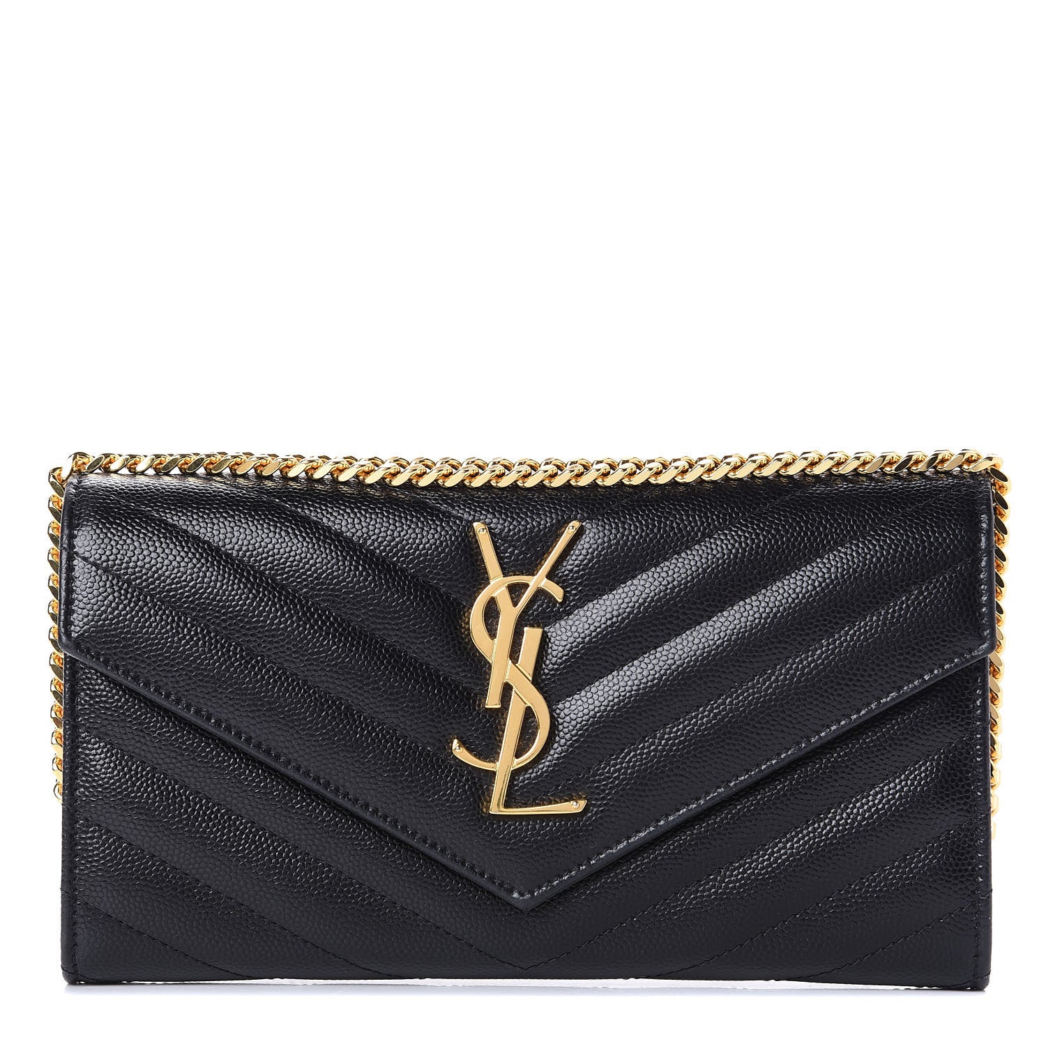 Saint Laurent Grain De Poudre Matelasse Chevron Small Monogram Chain Wallet Black 1 of 11