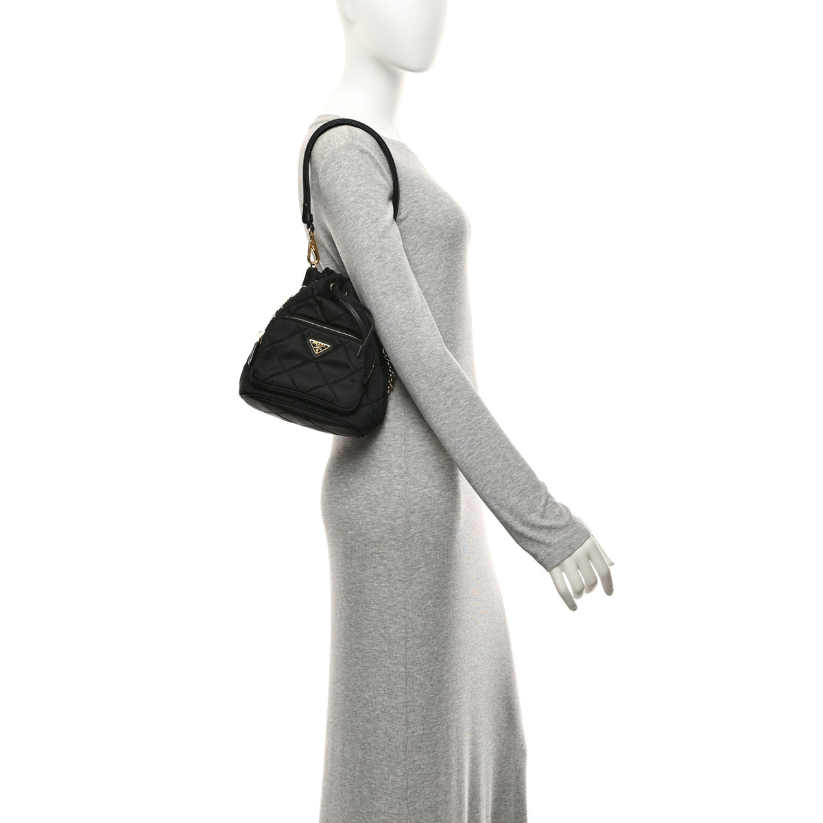 Re-Nylon Saffiano Stitched Duet Bucket Bag Black