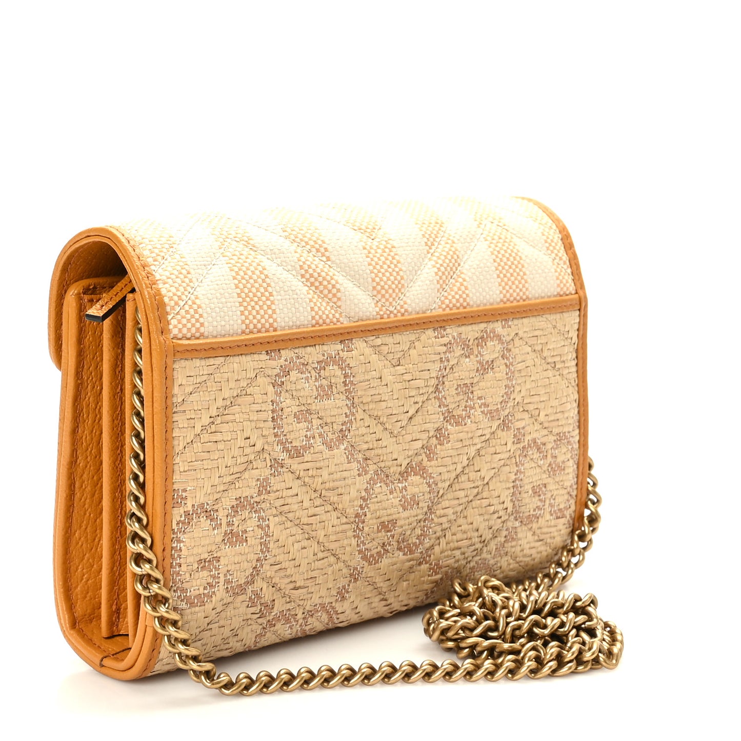 Raffia GG Monogram Matelasse GG Marmont Chain Wallet Natural Beige Off White Sun Oil