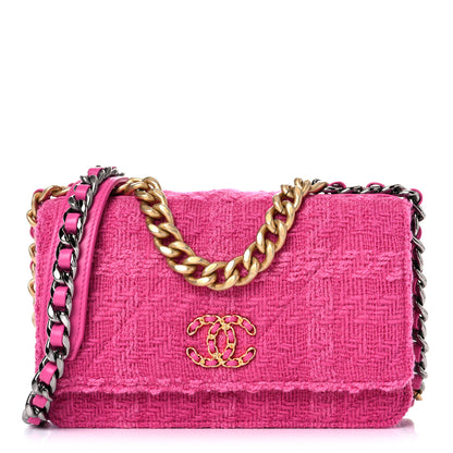 Chanel Wool Tweed Lambskin Quilted Chanel 19 Wallet On Chain WOC and Coin Purse Fuchsia 3 of 12