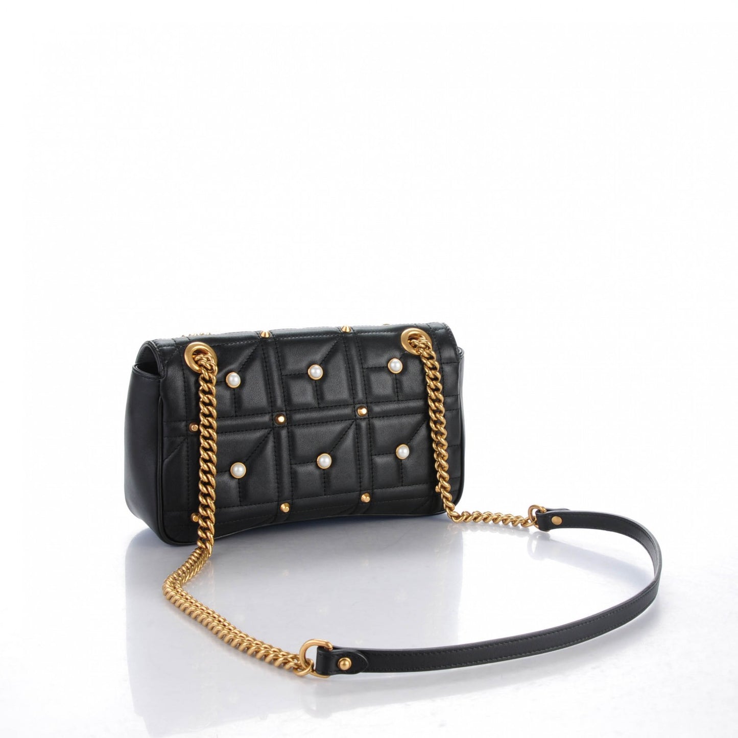 Calfskin Matelasse Studded Small Pearly GG Marmont Shoulder Bag Black