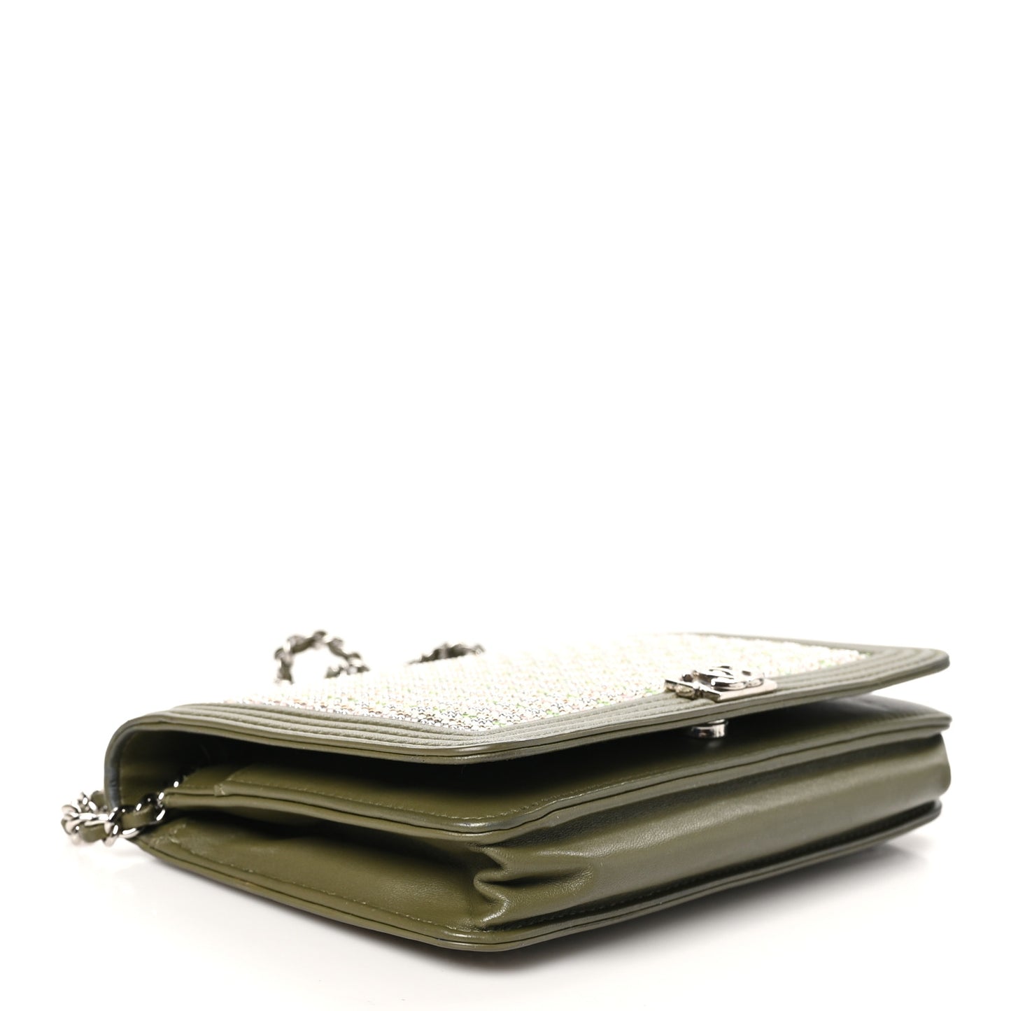Calfskin Crystal Studded Boy Wallet On Chain WOC Khaki
