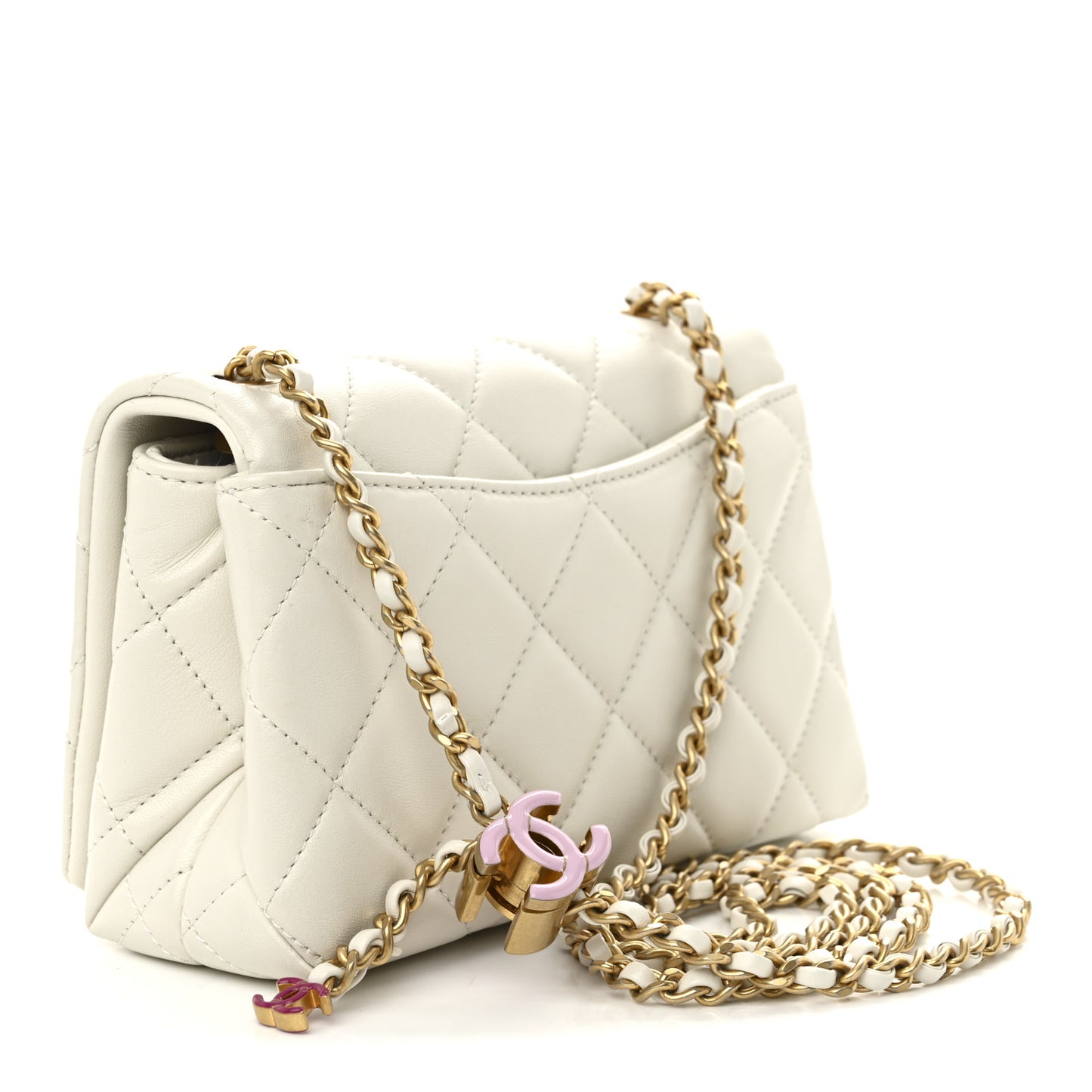 Shiny Lambskin Quilted Enamel CC Mini Flap White