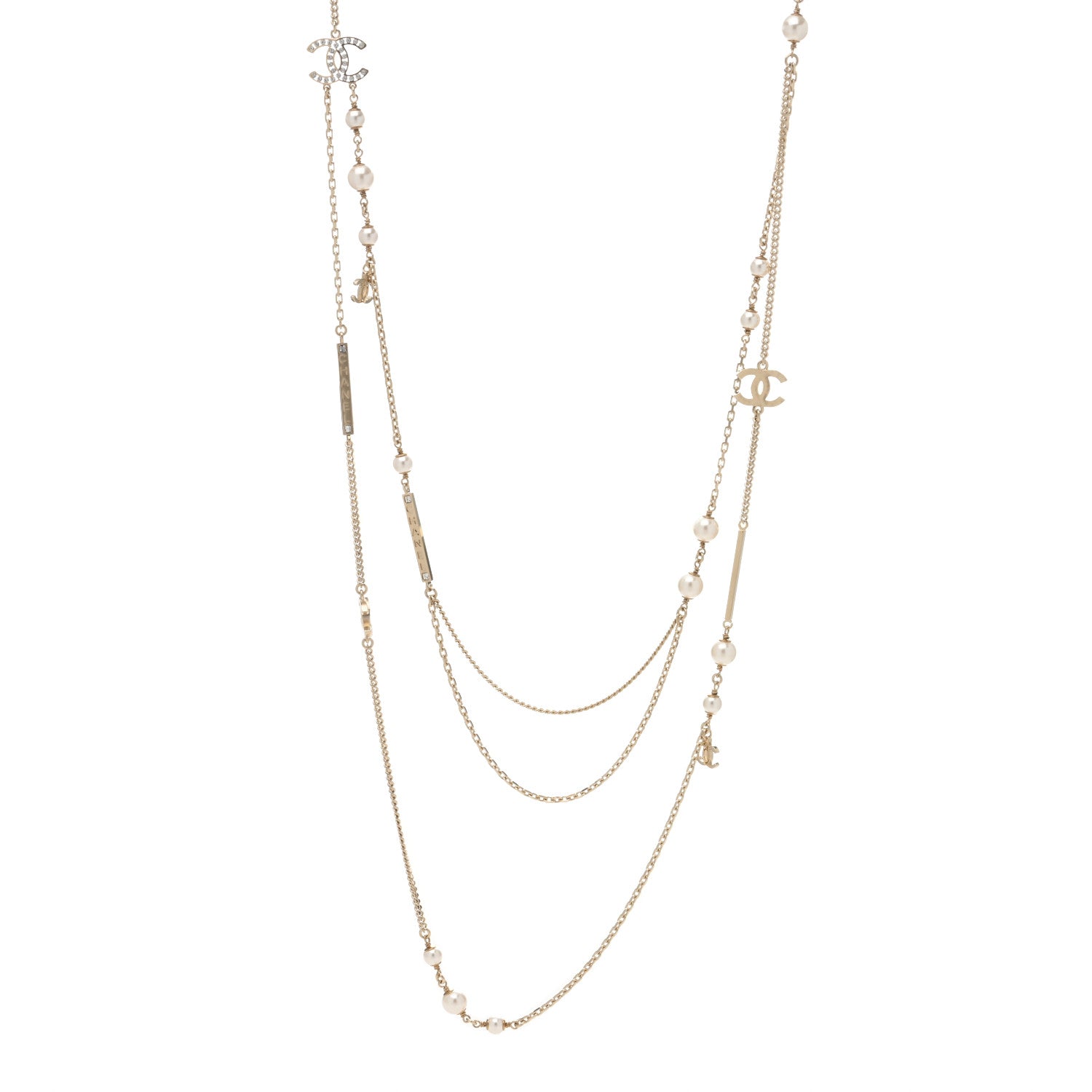 Chanel Pearl Crystal CC Long Layered Necklace Gold 1 of 4