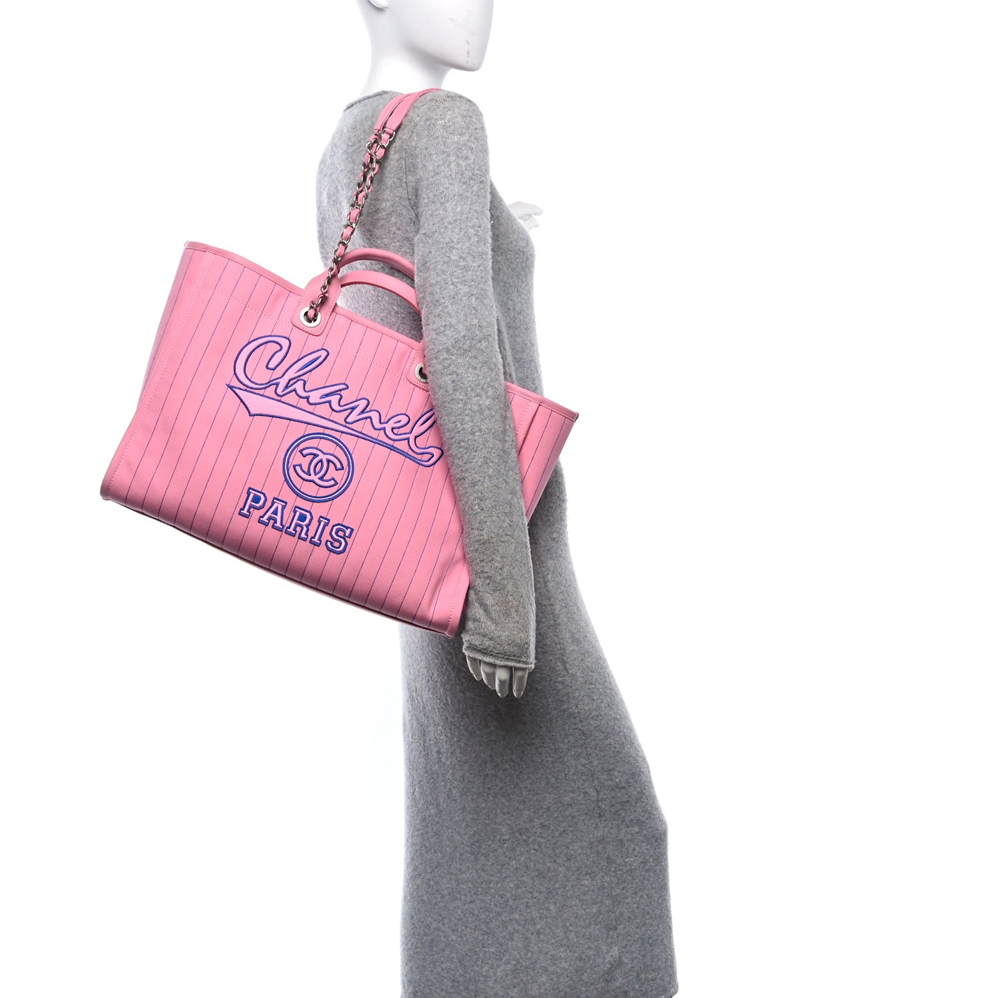 Canvas Calfskin Striped Large Deauville Tote Pink Blue