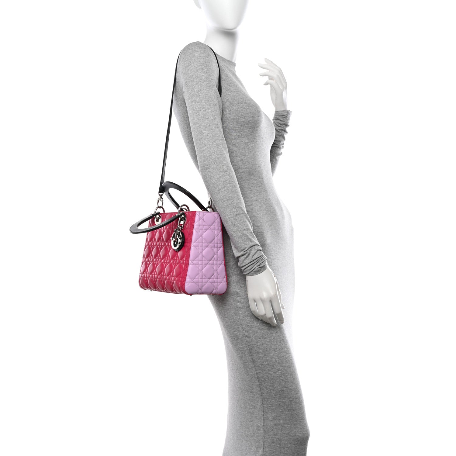Christian Dior Lambskin Cannage Medium Tri-Color Lady Dior Fuchsia Anemone Black 3 of 10