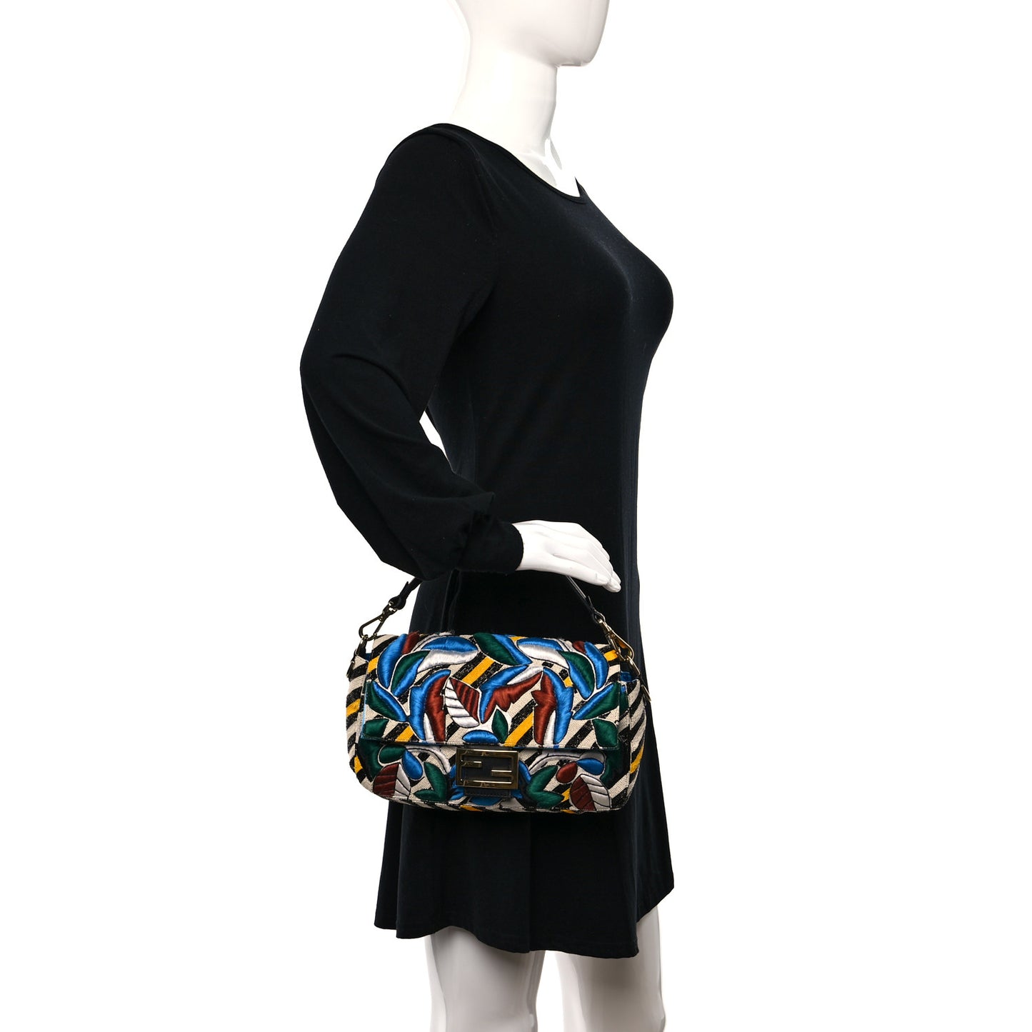 Beaded Vitello Dolce Leaf Embroidered Baguette Multicolor Black