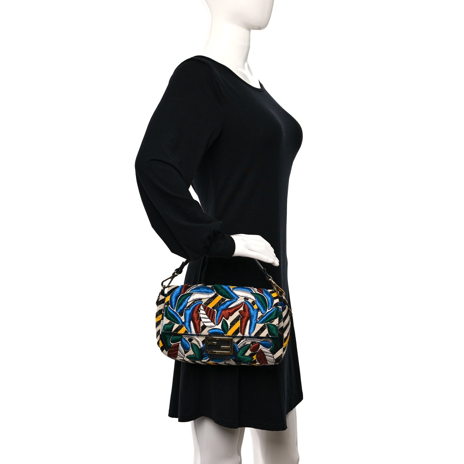Fendi Beaded Vitello Dolce Leaf Embroidered Baguette Multicolor Black 4 of 13