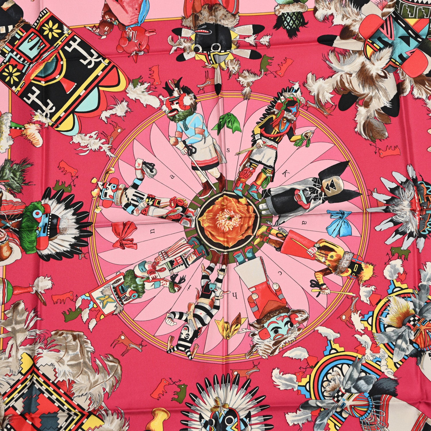 Hermes Silk Kachinas Wash Scarf 90 Rose Vert 5 of 5