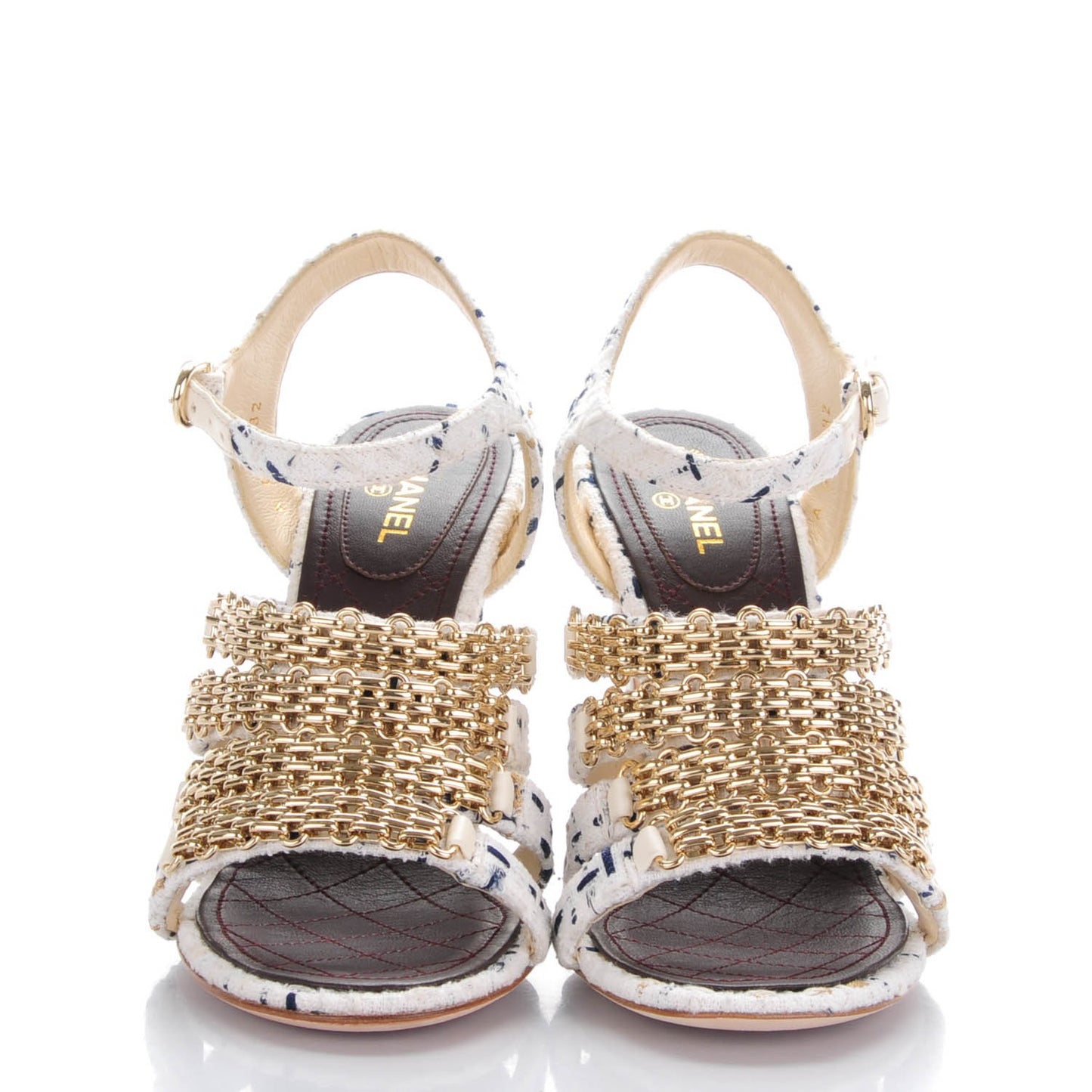 Tweed Reissue Chain Sandals 39 White Navy Gold