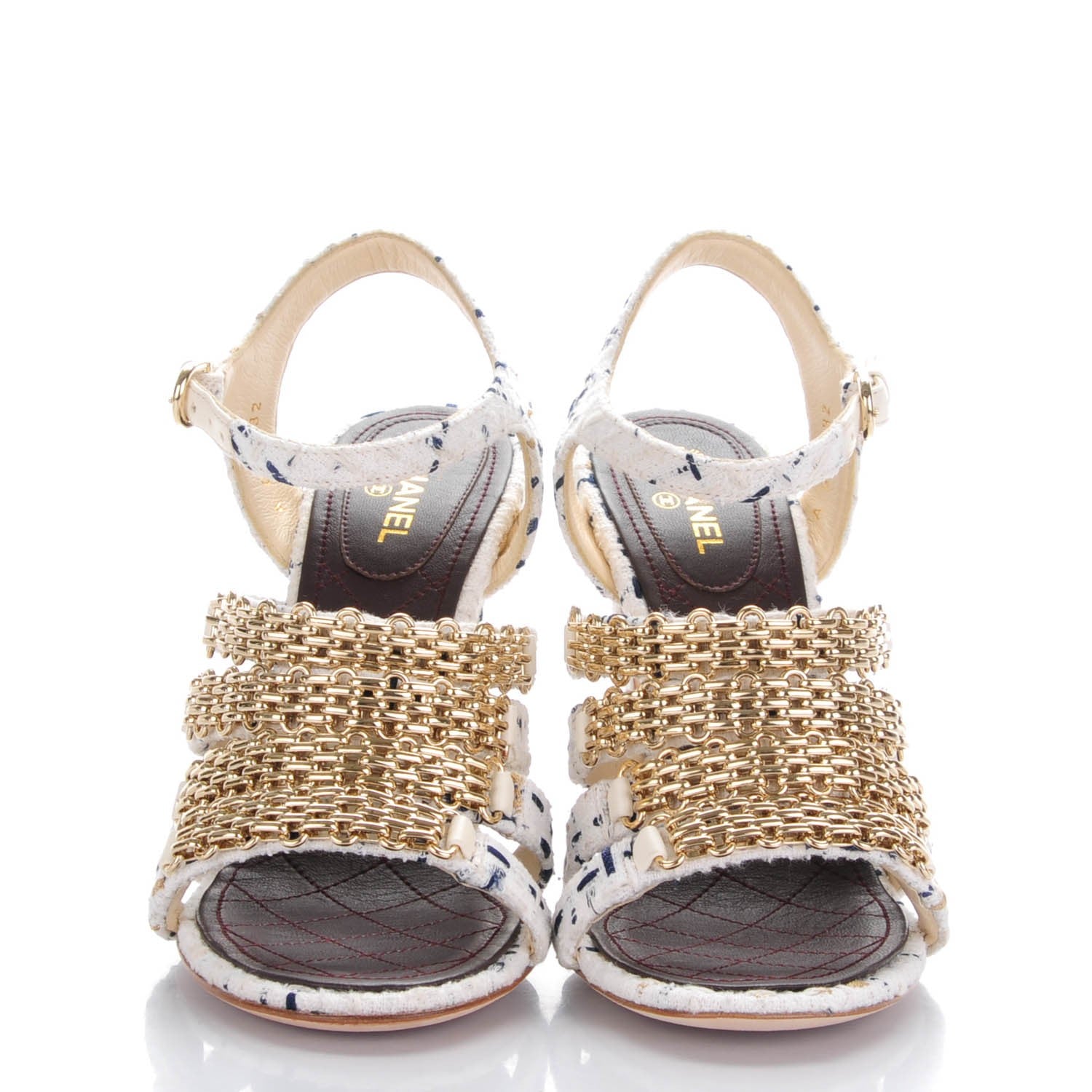 Chanel Tweed Reissue Chain Sandals 39 White Navy Gold 2 of 9