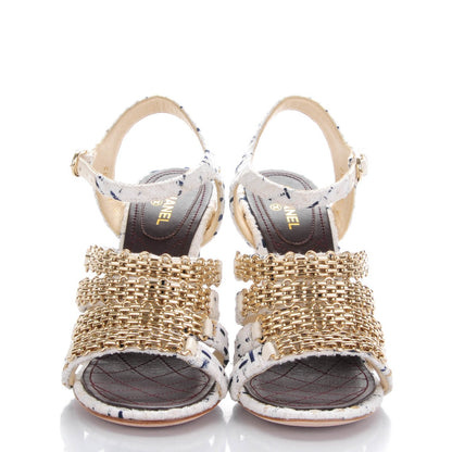 Chanel Tweed Reissue Chain Sandals 39 White Navy Gold 2 of 9