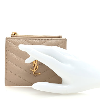 Saint Laurent Grain De Poudre Matelasse Chevron Monogram Zipped Two-Part Wallet Dark Beige 2 of 8