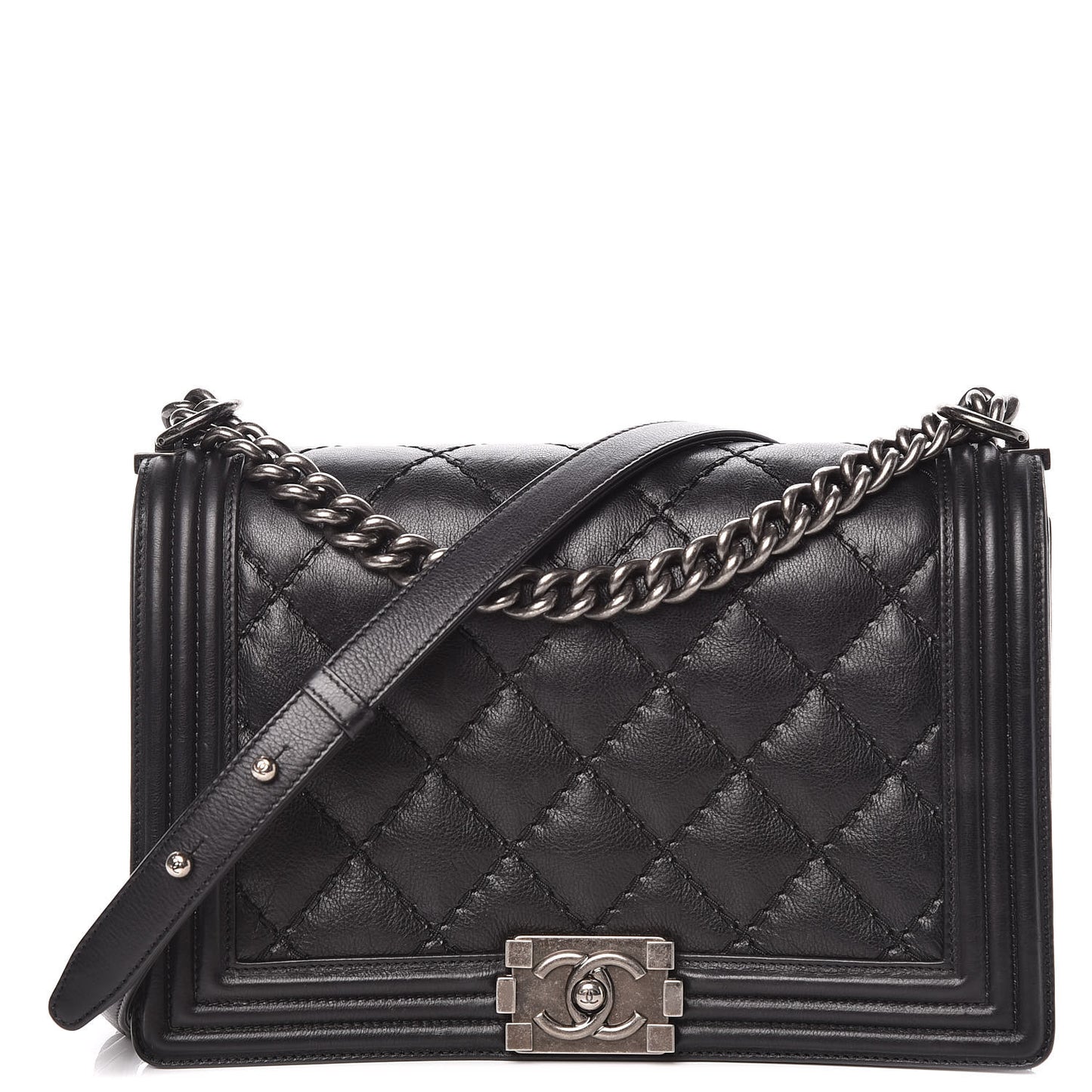 Calfskin Quilted Double Stitch New Medium Boy Flap Black
