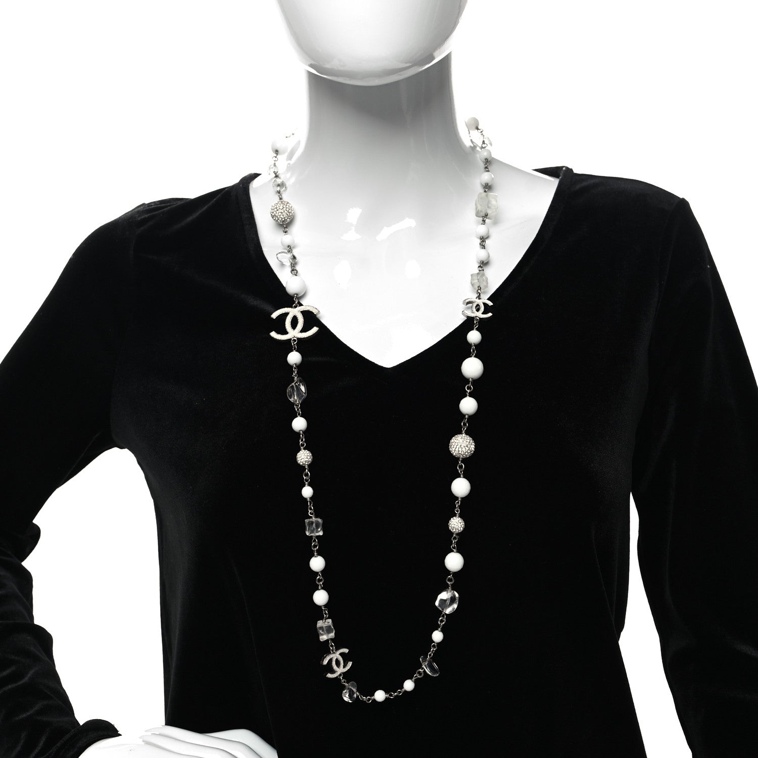 Chanel Crystal Bead CC Long Necklace White 2 of 5