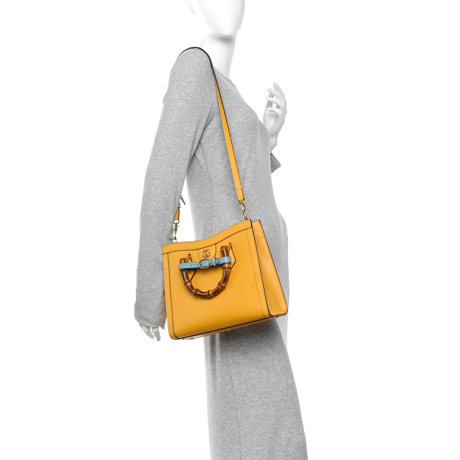 Gucci Textured Dollar Calfskin Web Small Diana Tote Bag Yellow Dusty Azure 2 of 12
