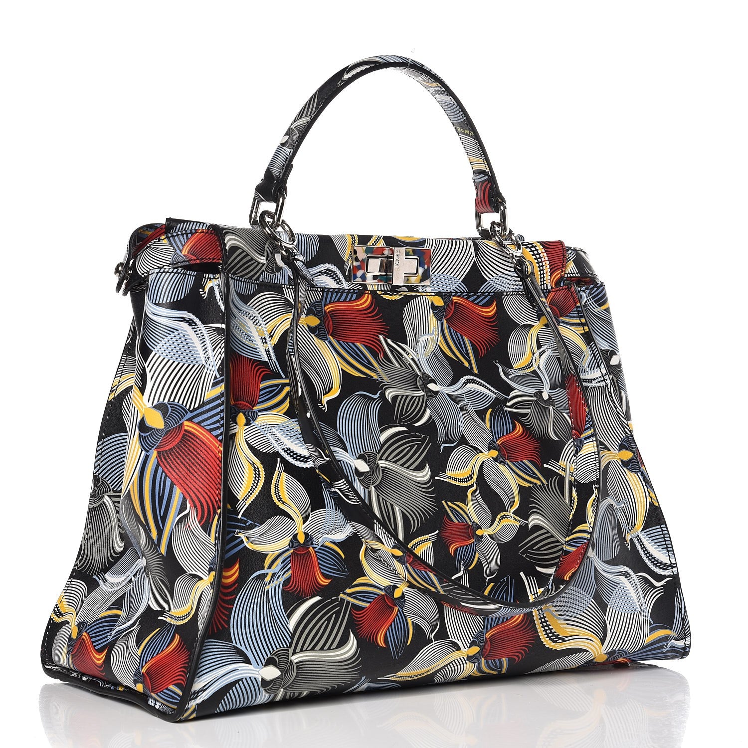 Fendi Calfskin Orchid Large Peekaboo Iconic Satchel Black Multicolor 4 of 8