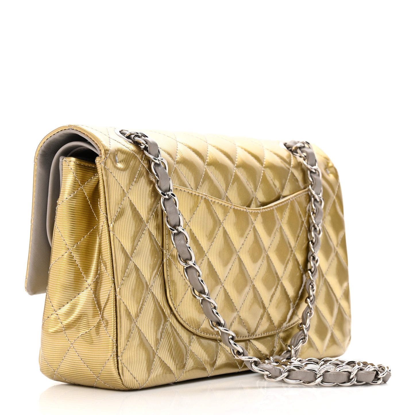 Striated Patent Quilted Medium Double Flap Gold