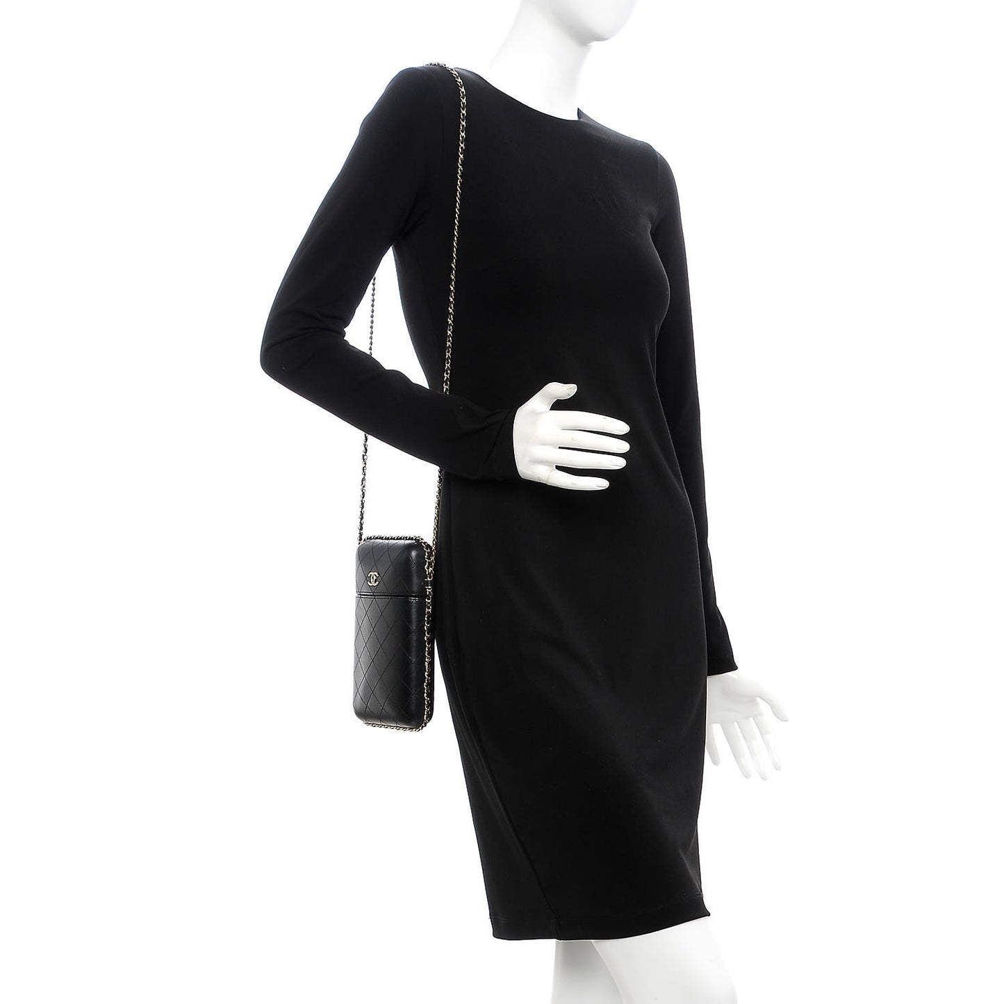 Lambskin Quilted Chain Around Phone Holder Black