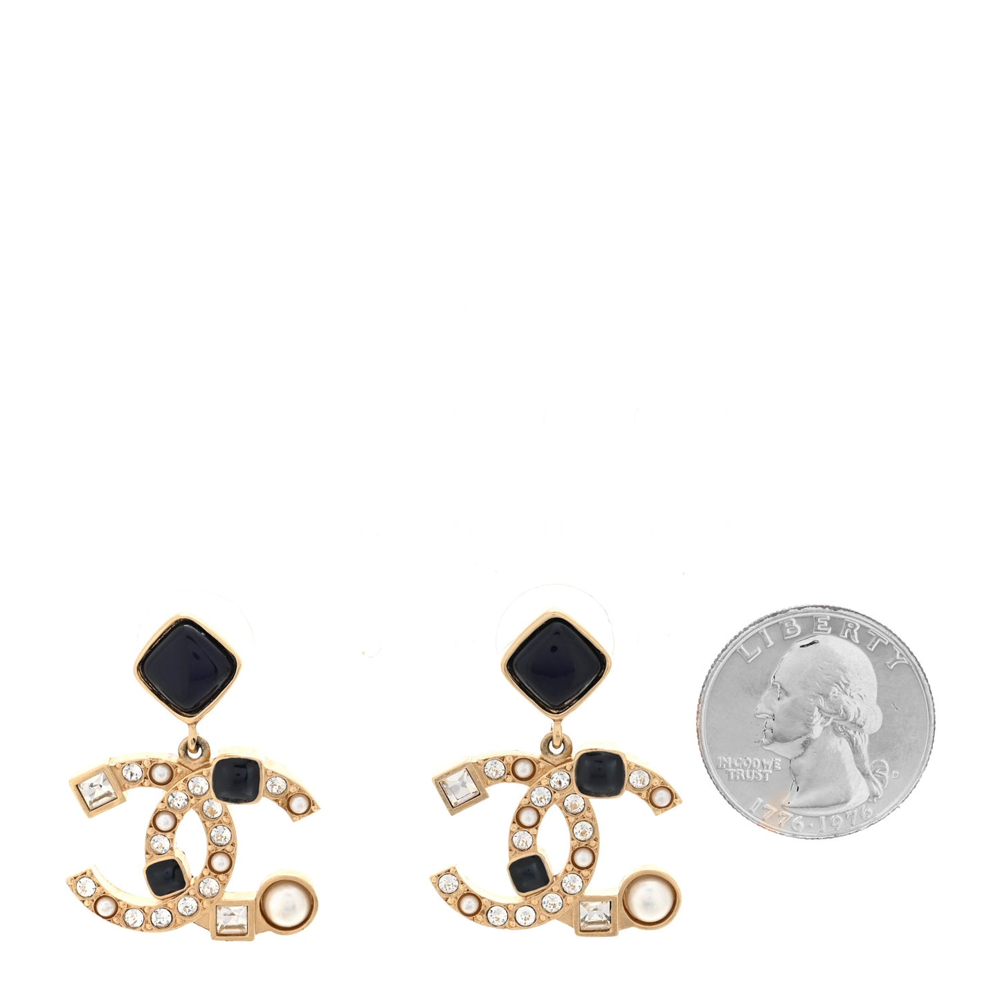 Resin Crystal Pearl CC Drop Earrings Gold Black