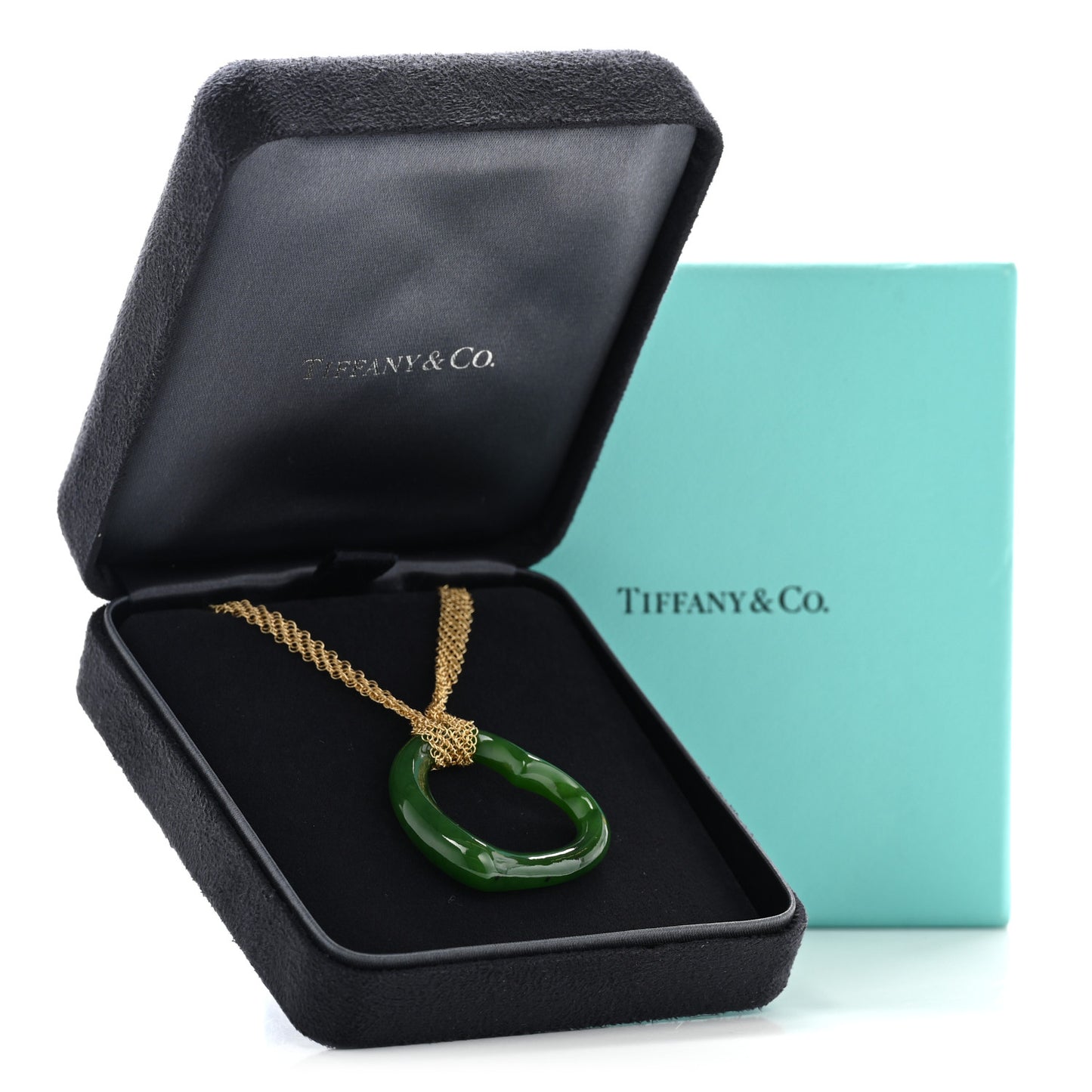 18K Yellow Gold Jade 35mm Open Heart Elsa Peretti Necklace