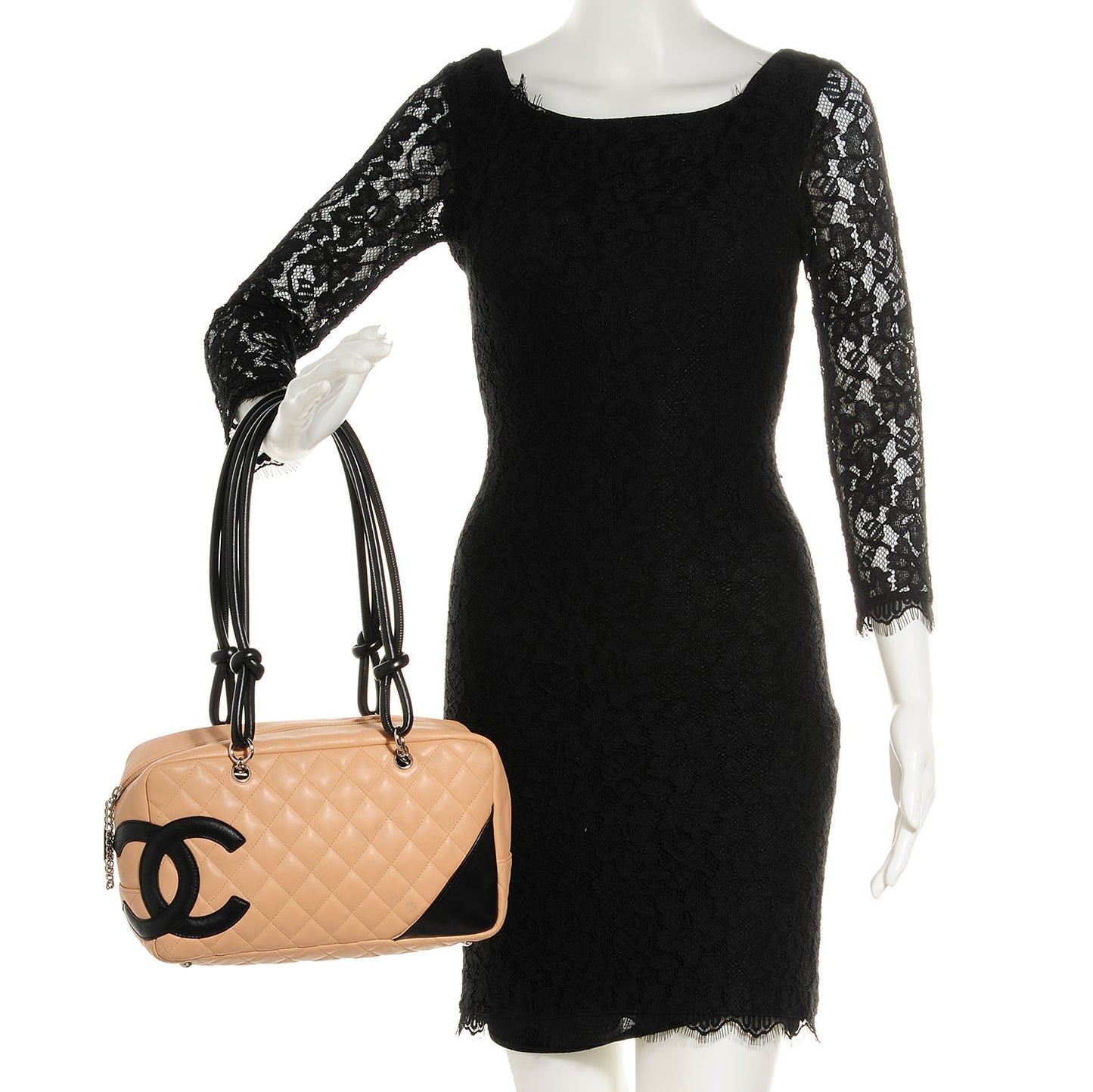 Calfskin Quilted Large Cambon Bowler Beige Black