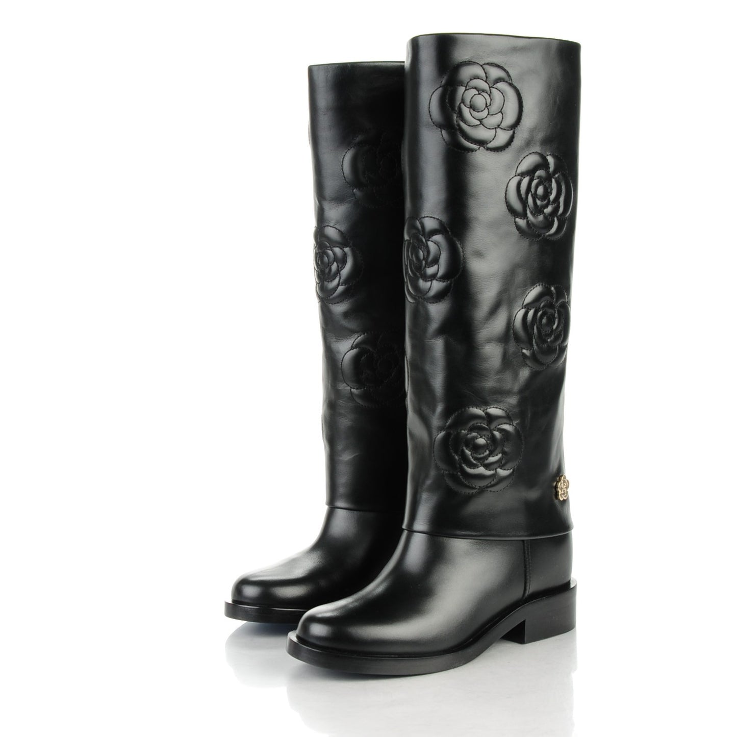 Calfskin Camellia High Boots 36 Black