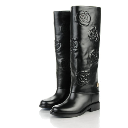 Chanel Calfskin Camellia High Boots 36 Black 3 of 8