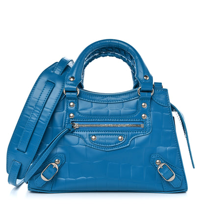 Balenciaga Semi Shiny Calfskin Crocodile Embossed Neo Classic Silver Hardware Mini City Turquoise 1 of 9