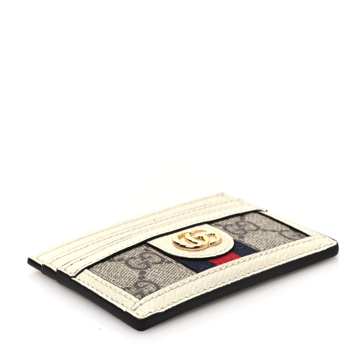 GG Supreme Monogram Textured Calfskin Web Ophidia Card Holder Beige Ebony Mystic White