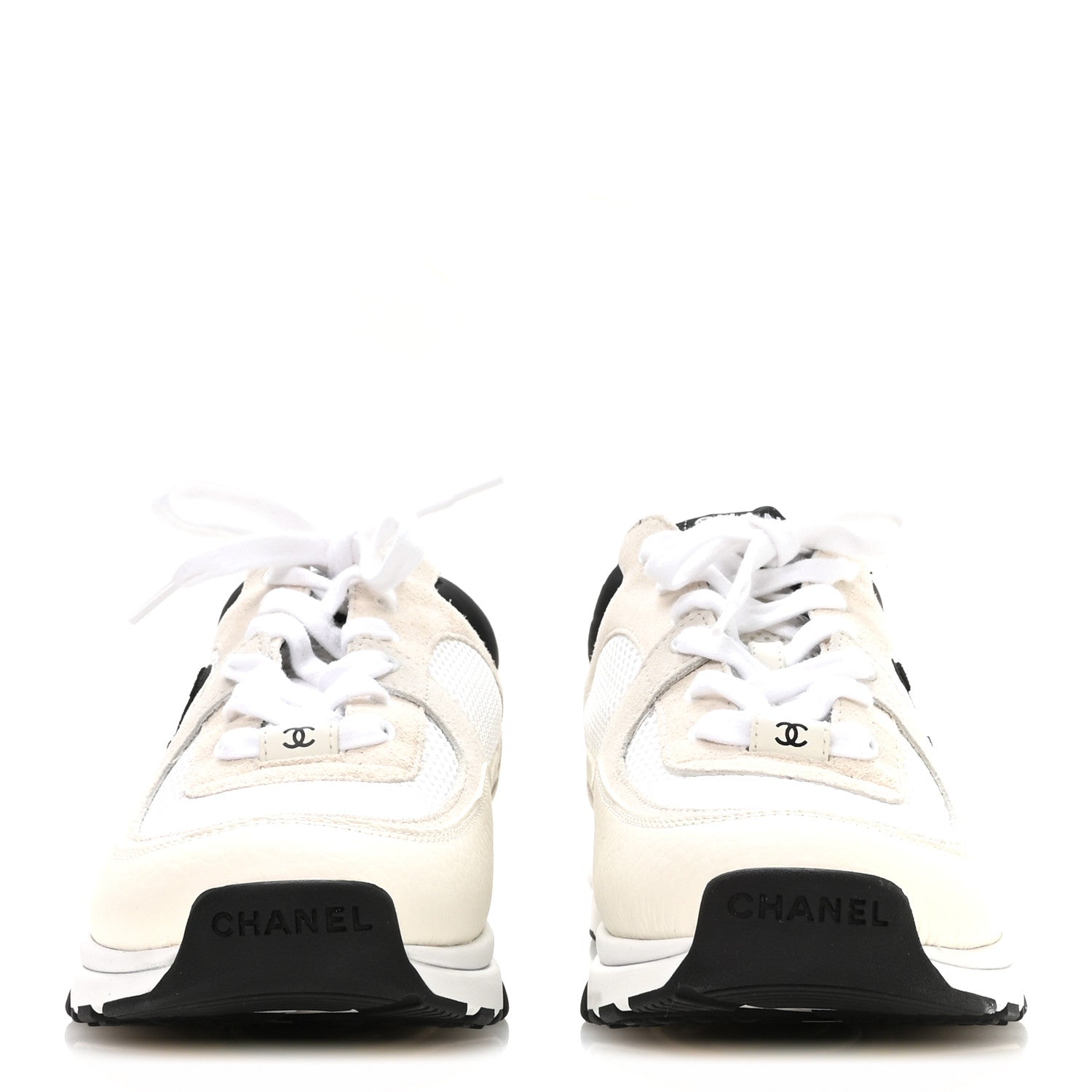 Chanel Mesh Suede Calfskin Grained Calfskin Womens CC Sneakers 40.5 White Black 3 of 9
