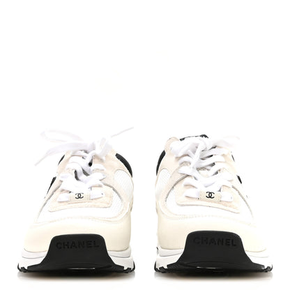 Chanel Mesh Suede Calfskin Grained Calfskin Womens CC Sneakers 40.5 White Black 3 of 9
