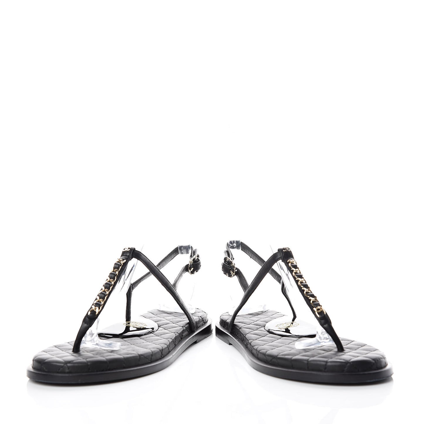 Lambskin Patent Calfskin CC Chain Thong Sandals 39 Black