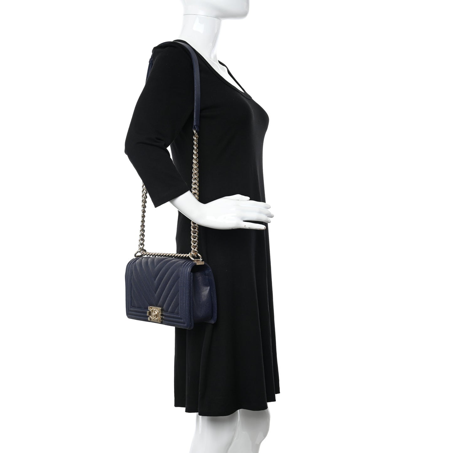 Caviar Chevron Quilted Medium Boy Flap Navy