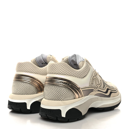 Chanel Fabric Laminated Calfskin Stretch CC Womens Sneakers 37 White Gold Silver 4 of 10
