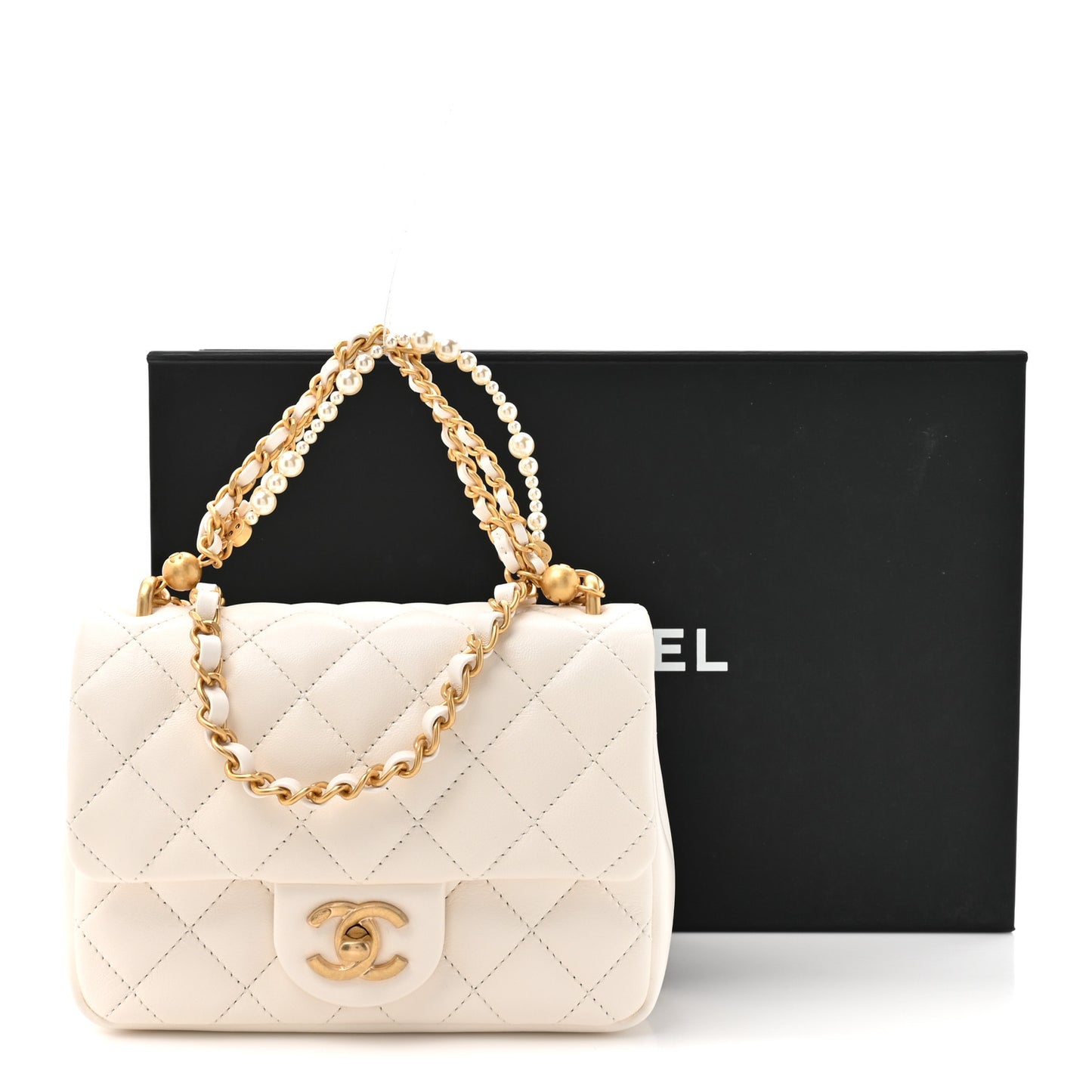 Shiny Lambskin Quilted Pearl Twist Mini Square Flap White