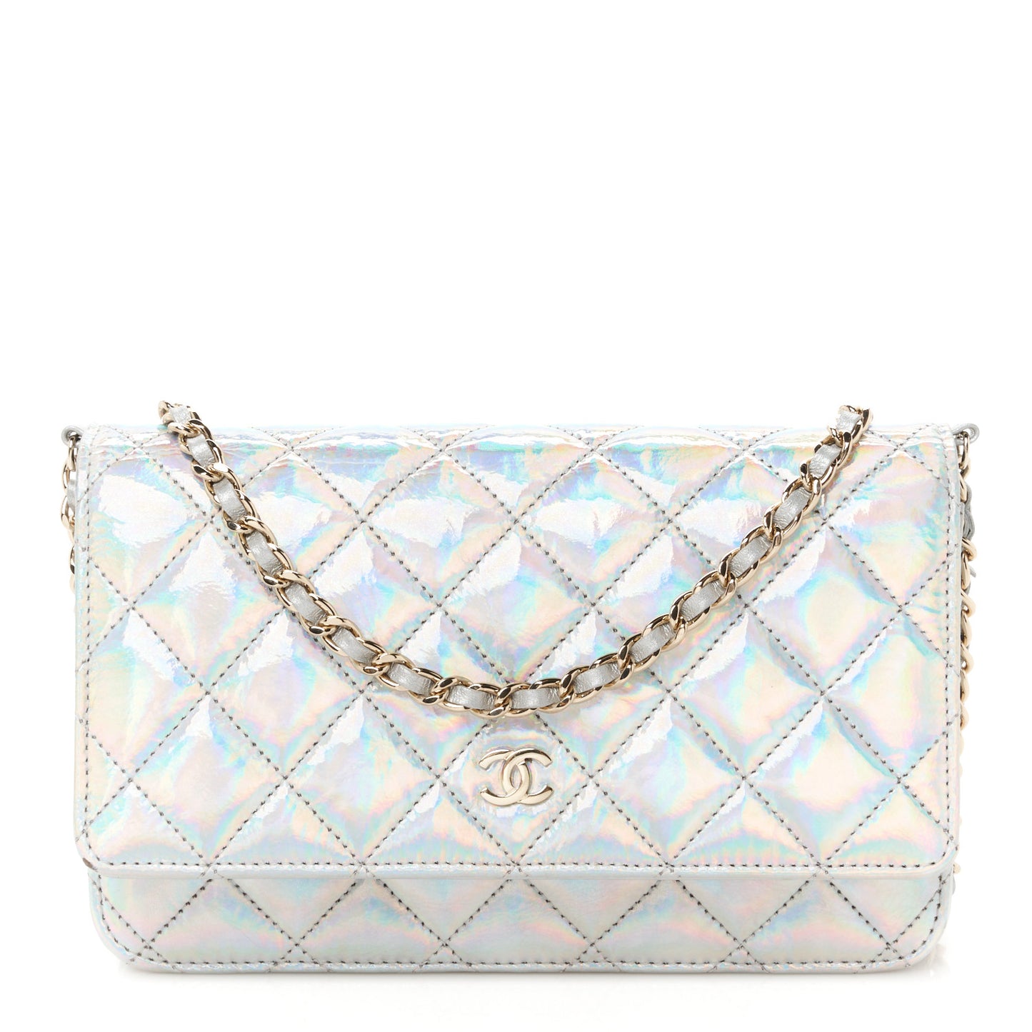 Iridescent Goatskin Quilted Wallet On Chain WOC Silver