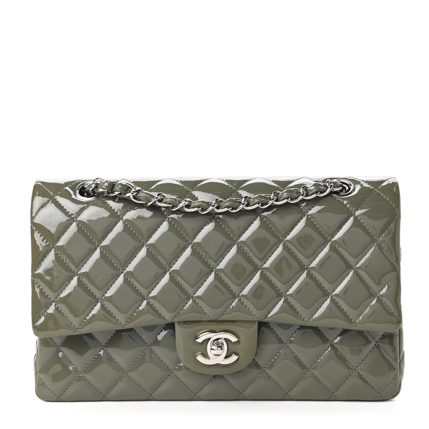 Patent Calfskin Quilted Medium Double Flap Grey