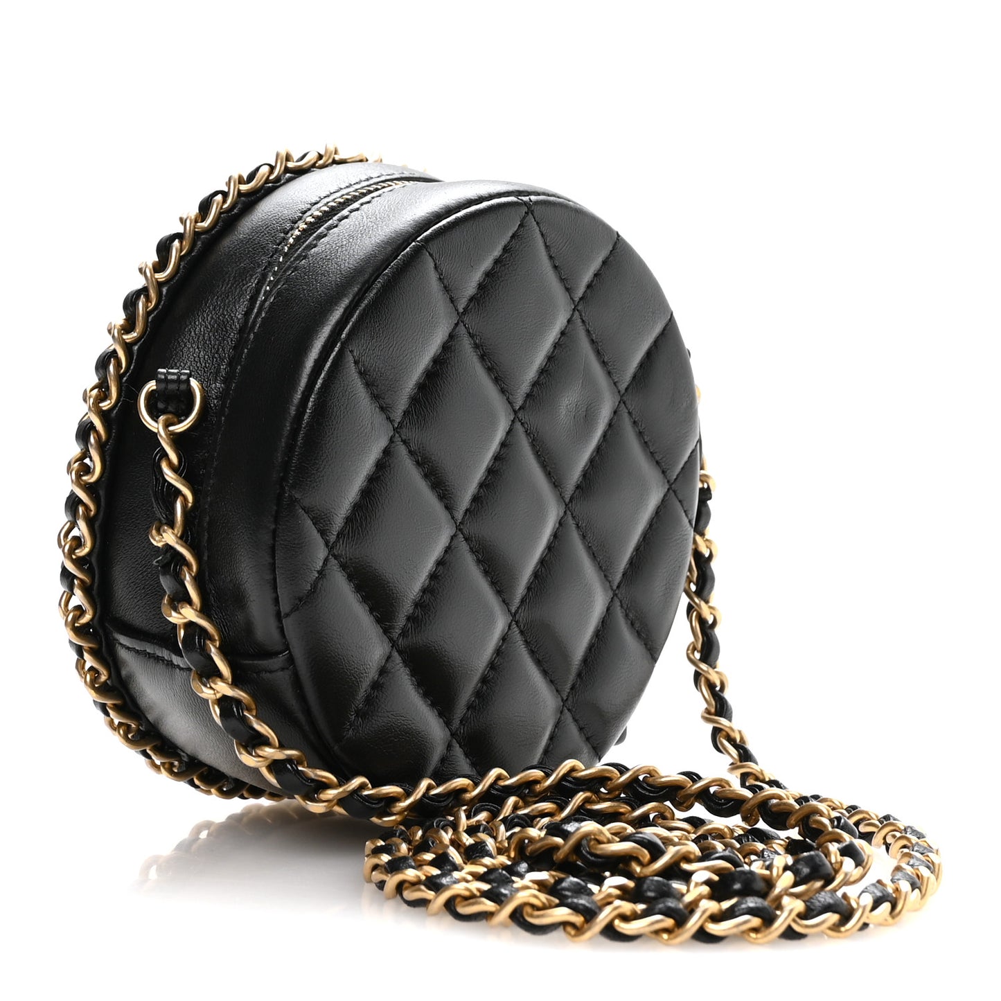Lambskin Quilted Chain Around CC Round Clutch With Chain Black