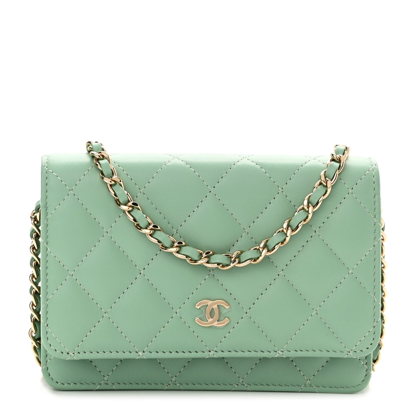 Lambskin Quilted Mini Wallet On Chain WOC Light Green
