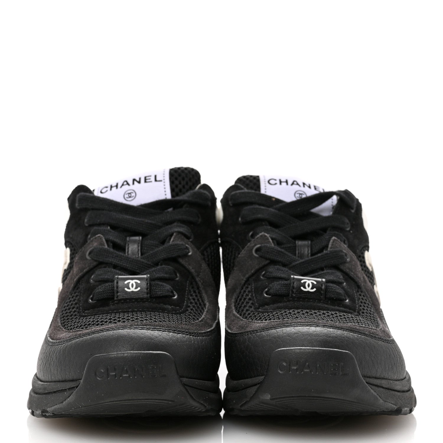 Chanel Mesh Suede Grained Calfskin Womens CC Sneakers 37 Black White 3 of 8