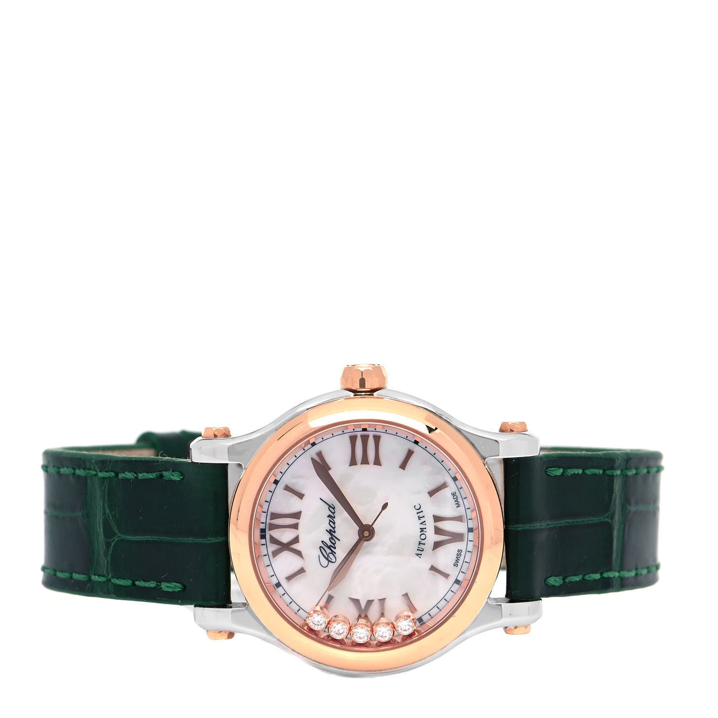 Stainless Steel 18K Rose Gold Alligator 5 Diamond Mother of Pearl 30mm Happy Sport Automatic Watch Green