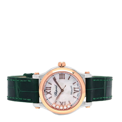 Chopard Stainless Steel 18K Rose Gold Alligator 5 Diamond Mother of Pearl 30mm Happy Sport Automatic Watch Green 2 of 6